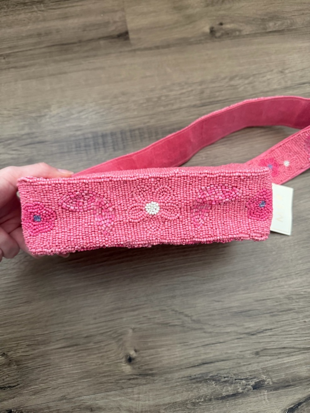Pink Beaded Floral Shoulder Bag with Wide Strap - Picture 3 of 9